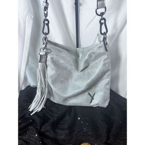 Suri Frey Crossbody Shoulder Hobo Bag Purse Silver Vegan Tassel EUC‎